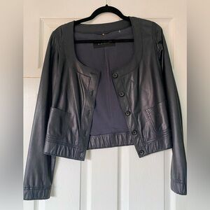 Elise Tahari Scoop Neck Leather Jacket